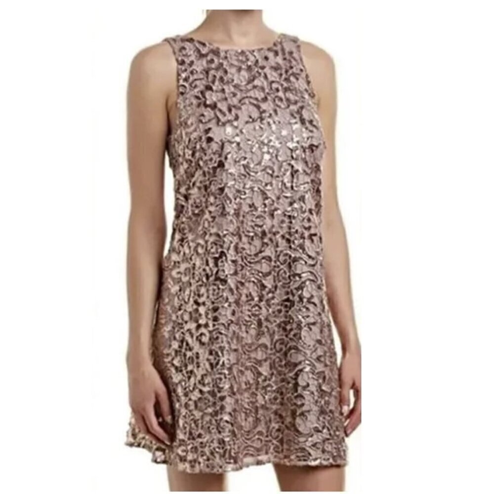 BELLE BADGLEY MISCHKA Rose Gold Sequins Shift Dress